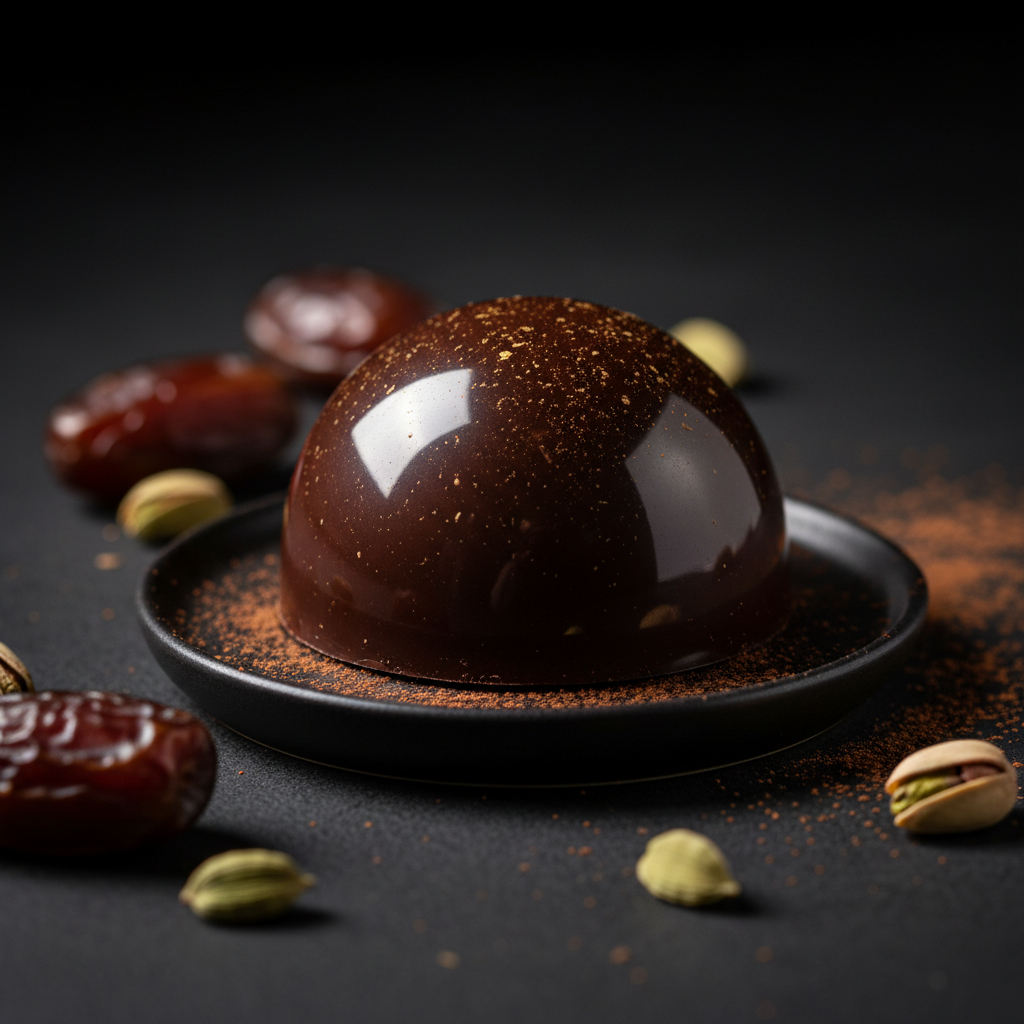 A cinematic close-up of a single chocolate dome infused with Arabian spices, its glossy, mirror-like surface reflecting subtle golden highlights. The dome sits on a petite matte-black ceramic plate dusted with finely ground cardamom and cocoa. Around it, a few whole dates and pistachios are artfully scattered, out of focus. The scene is set on a dark charcoal surface that fades into a softly blurred background. Dramatic, directional studio lighting from one side creates rich contrasts and a faint rim light along the dome’s curve. Photographic realism, low-angle macro perspective, and shallow depth of field convey opulence and precision.