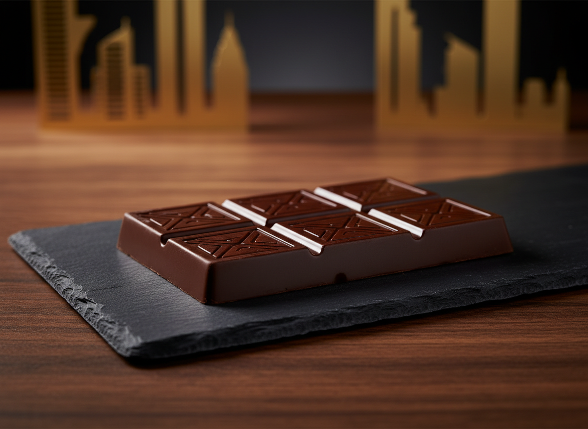 A close-up of an elegant dark chocolate bar inspired by Dubai, its surface embossed with a subtle geometric pattern reminiscent of Arabian latticework. The bar rests on a smooth black slate board set on a refined wooden table. In the softly blurred background, hints of golden Dubai skyline silhouettes appear as metallic décor. Warm, diffused studio lighting grazes the chocolate, highlighting its silky texture and deep cocoa sheen, while gentle shadows add depth. Photographic realism, eye-level composition with a shallow depth of field creates a sophisticated, luxurious mood suitable for a premium chocolate brand.