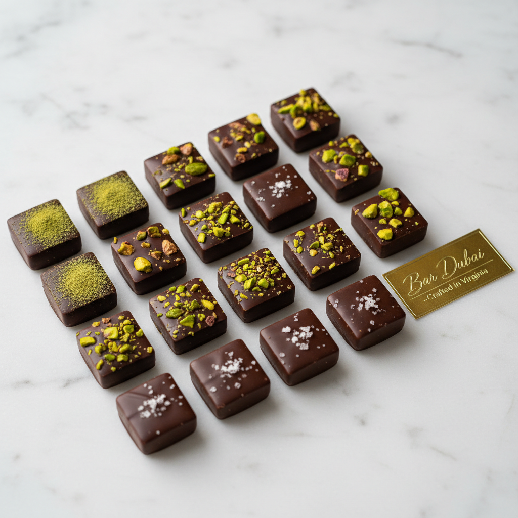An assortment of handcrafted Dubai-style chocolate pieces arranged in a precise, minimalist grid on a cool white marble slab. Each piece showcases unique flavors: some dusted with cardamom, others topped with pistachios or a glimmer of sea salt, all finished with a glossy temper. A small gold-foil label reading “Bar Dubai – Crafted in Virginia” lies elegantly to the side. Soft, even studio lighting from above creates delicate reflections and crisp, subtle shadows. Photographic realism with a slightly elevated angle and sharp focus throughout evokes refinement, craftsmanship, and modern sophistication.