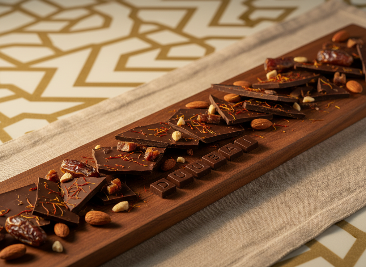 A luxurious chocolate tasting setup featuring a long, narrow dark wooden board displaying thin chocolate shards flavored with saffron, dates, and roasted almonds. Small, engraved chocolate squares spell out “Dubai” in a refined font. The board is placed on a linen runner in muted sand tones, echoing desert hues. In the softly blurred background, there is a hint of an abstract gold and cream wall pattern inspired by Middle Eastern design. Gentle warm side lighting creates a golden glow, highlighting textures and casting soft shadows. Photographic realism, rule-of-thirds composition, and a calm, intimate atmosphere emphasize sophistication and artisanal quality.